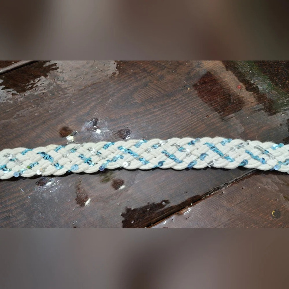 👸👖🩳  White Braided D-ring Belt with blue & silver sequins - Picture 3 of 13